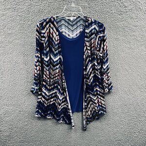 Linda Matthews Womens Top‎ Small Blue Geometric 3/4 Sleeve Layered Look Shirt
